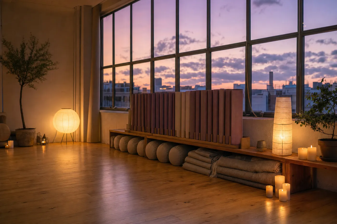 The Meditorian studio at dusk: tall windows, rolled mats, bolsters, blankets and candles